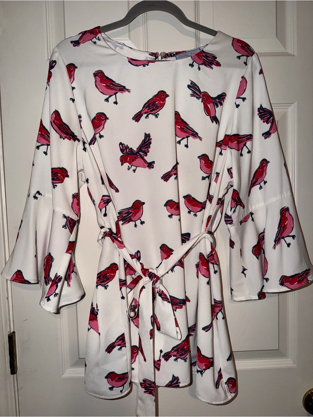 Draper James x Eloquii Collaboration White Tunic with Red & Pink Bird Print